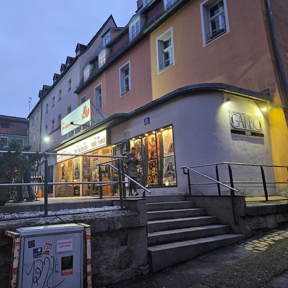 A movie theater called Garbo Kino with steps leading up to the entrance.